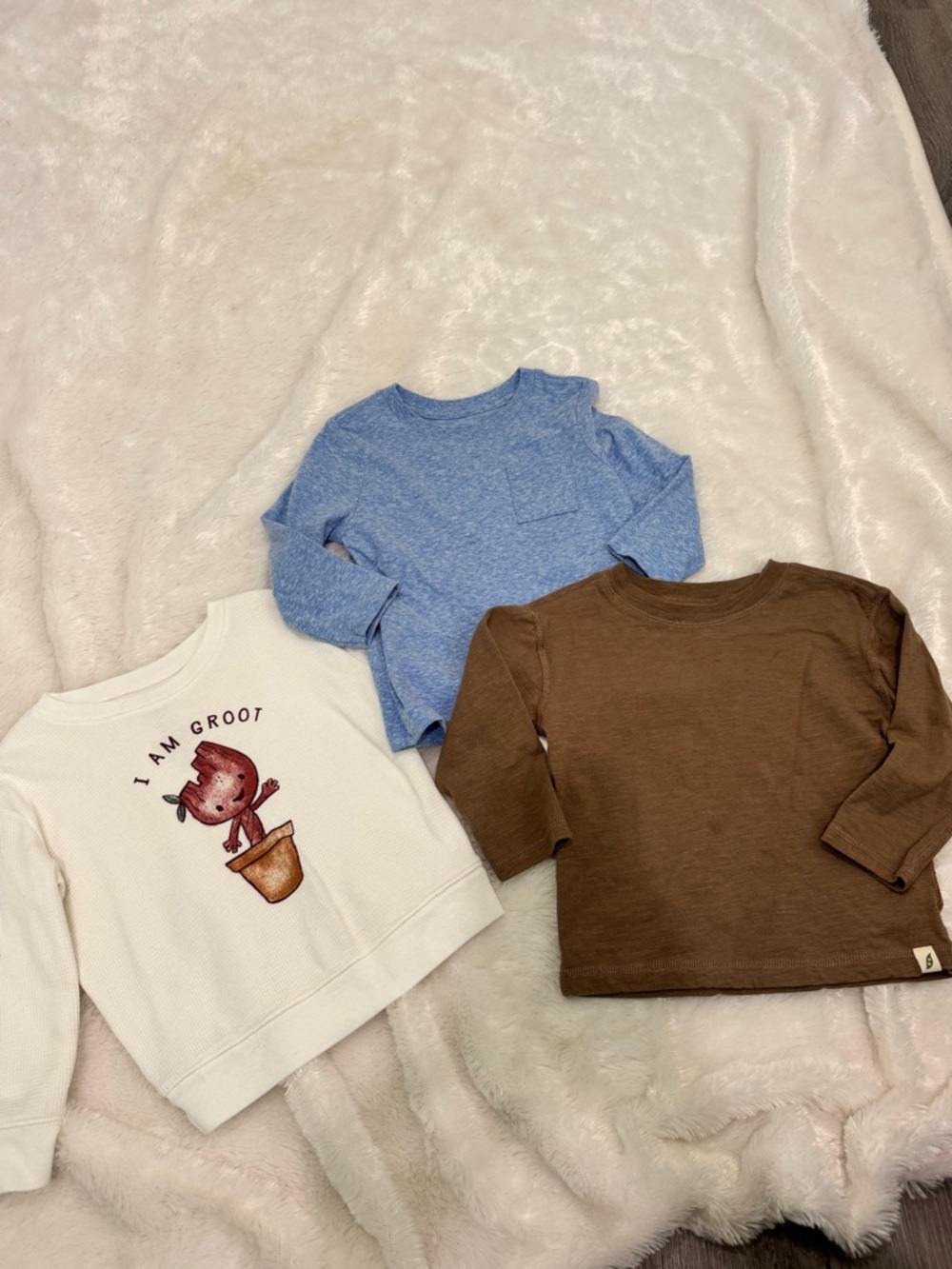 Kids Long-Sleeve Crewneck Shirt Bundle 18M - Blue, Brown & Cream (3-Pack) Groot